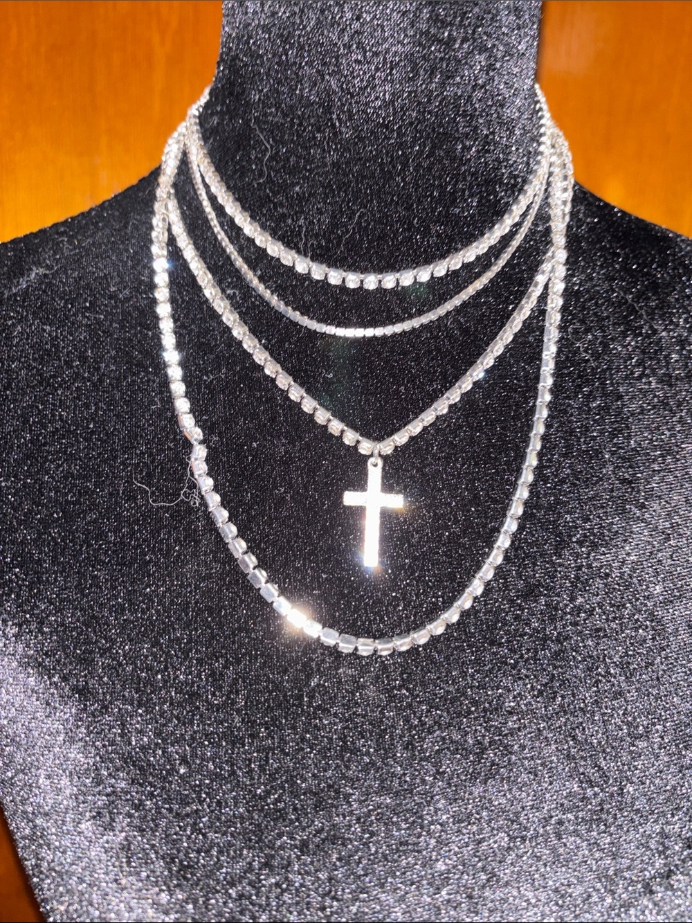 Layered Silver Sparkling Crystal Cross Necklace Set